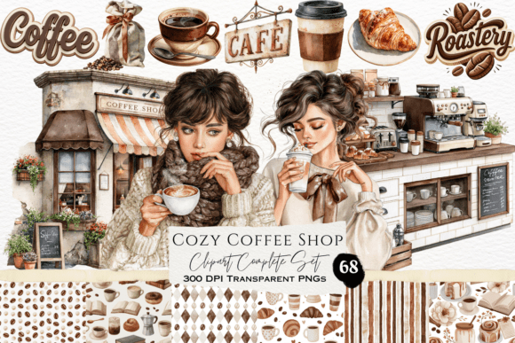 Download Cozy Coffee Shop Watercolor Clipart Set - Shop Collection