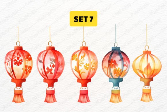 Download Watercolor Oriental Flower Lantern Lamp - Oriental Collection