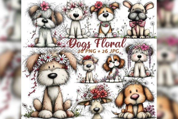 Download Whimsical Floral Dogs Spring Clipart Set - Flora Collection